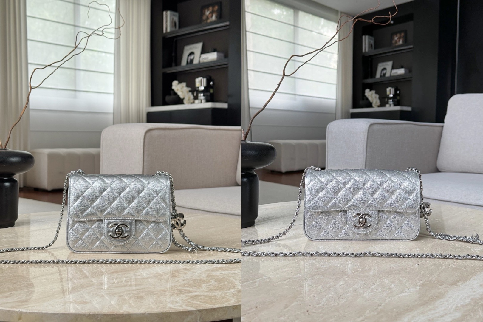 CHANEL Metallic Caviar Quilted Mini Rectangular CC Slide Flap Silver - image 7
