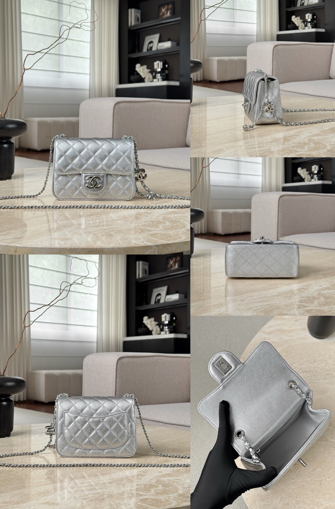 CHANEL Metallic Caviar Quilted Mini Rectangular CC Slide Flap Silver - image 9