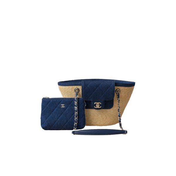 CHANEL Small Coco Beach Shopping Tote Bag Braided Straw and Denim