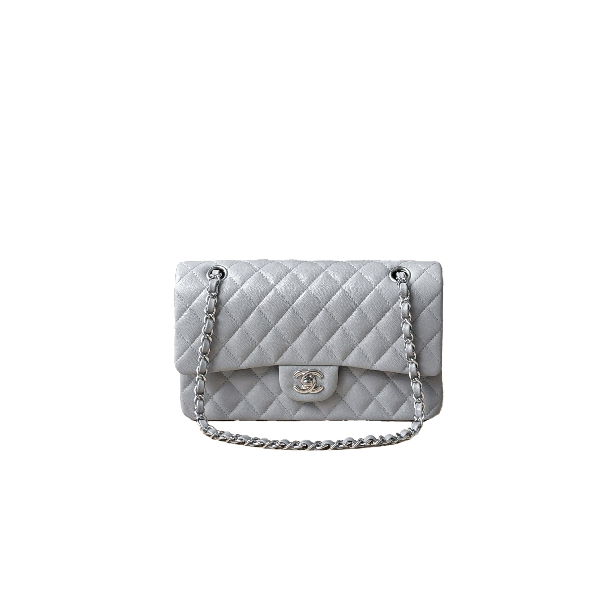 CHANEL Classique Flap Medium Light Grey Caviar Leather