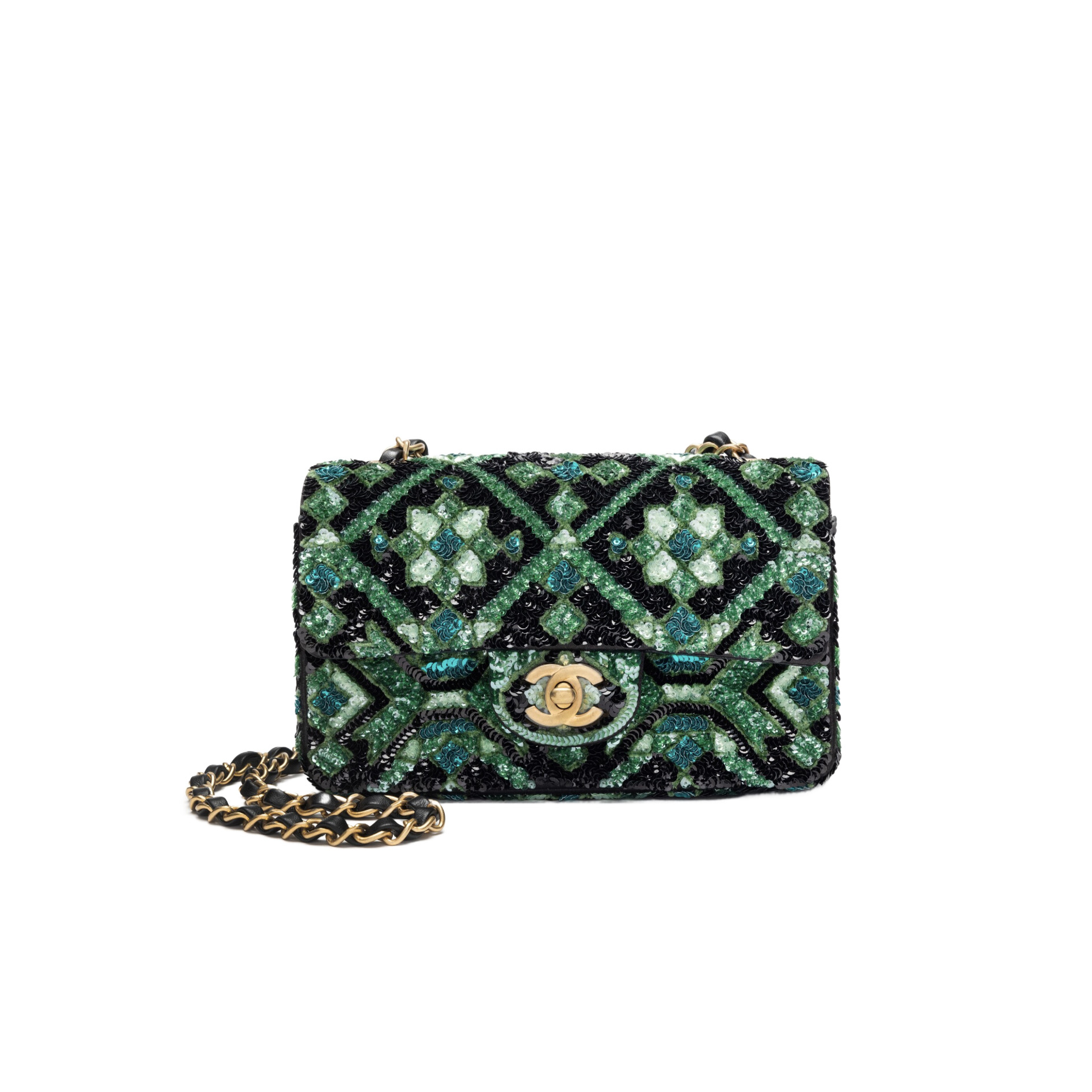 CHANEL Green and Black Mosaic Sequin Mini Flap Bag Gold Hardware