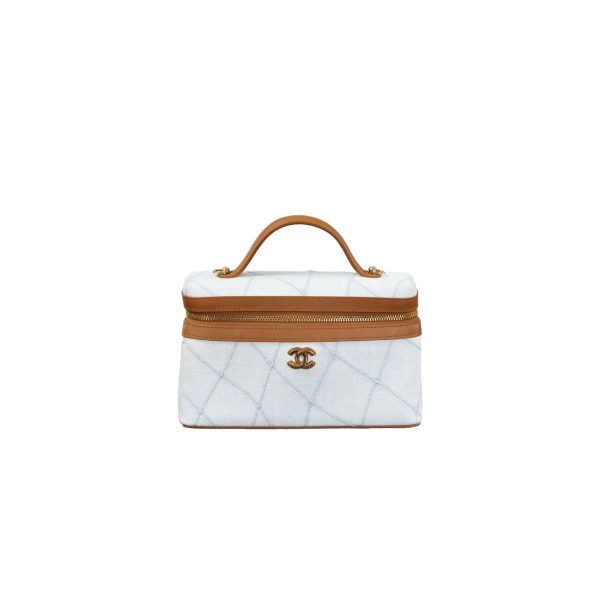 CHANEL Washed Denim Calfskin Vanity Case With Chain Blue Brown