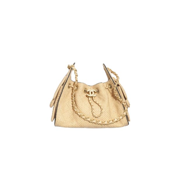 CHANEL MINI 25 Hobo Bag Beige Raffia and Black Calfskin