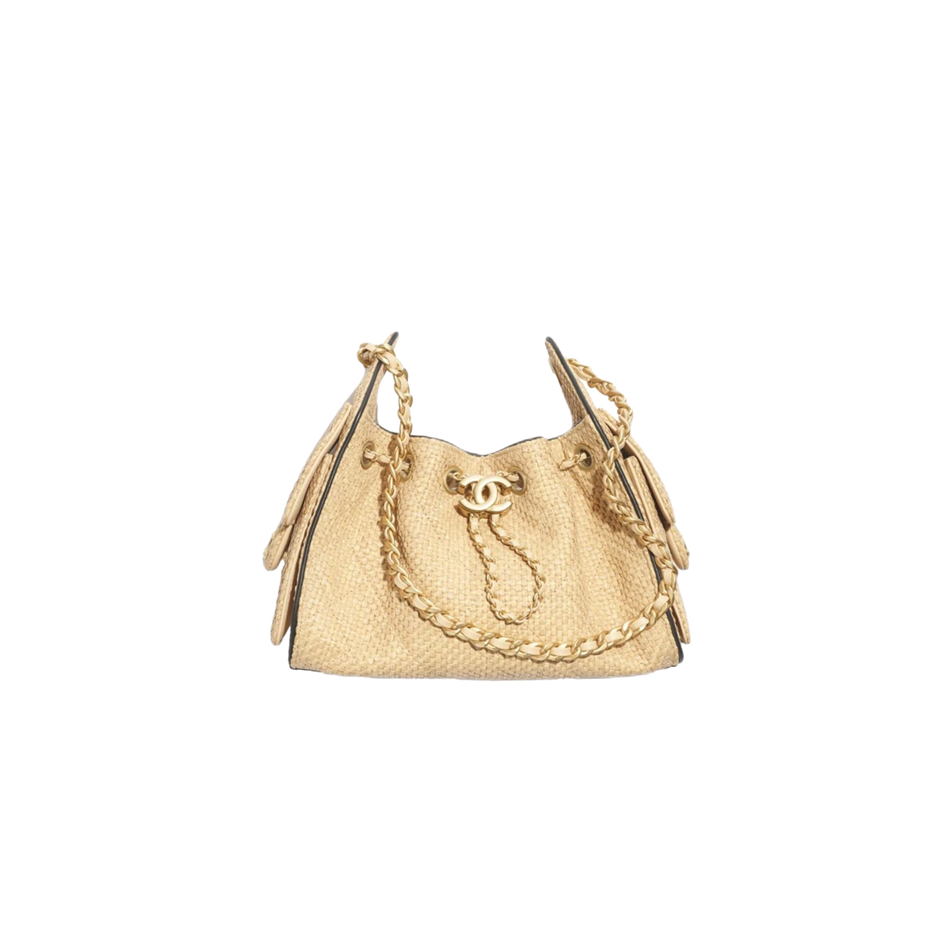 CHANEL MINI 25 Hobo Bag Beige Raffia and Black Calfskin