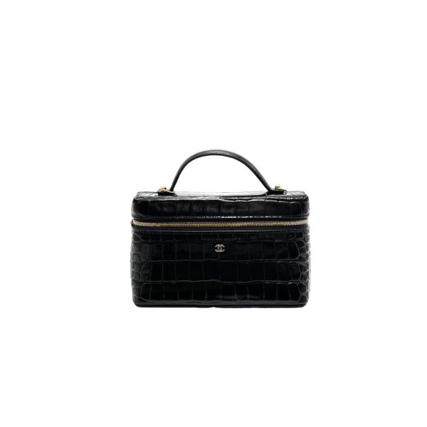 CHANEL Vanity Bag Calfskin Crocodile Embossed Black