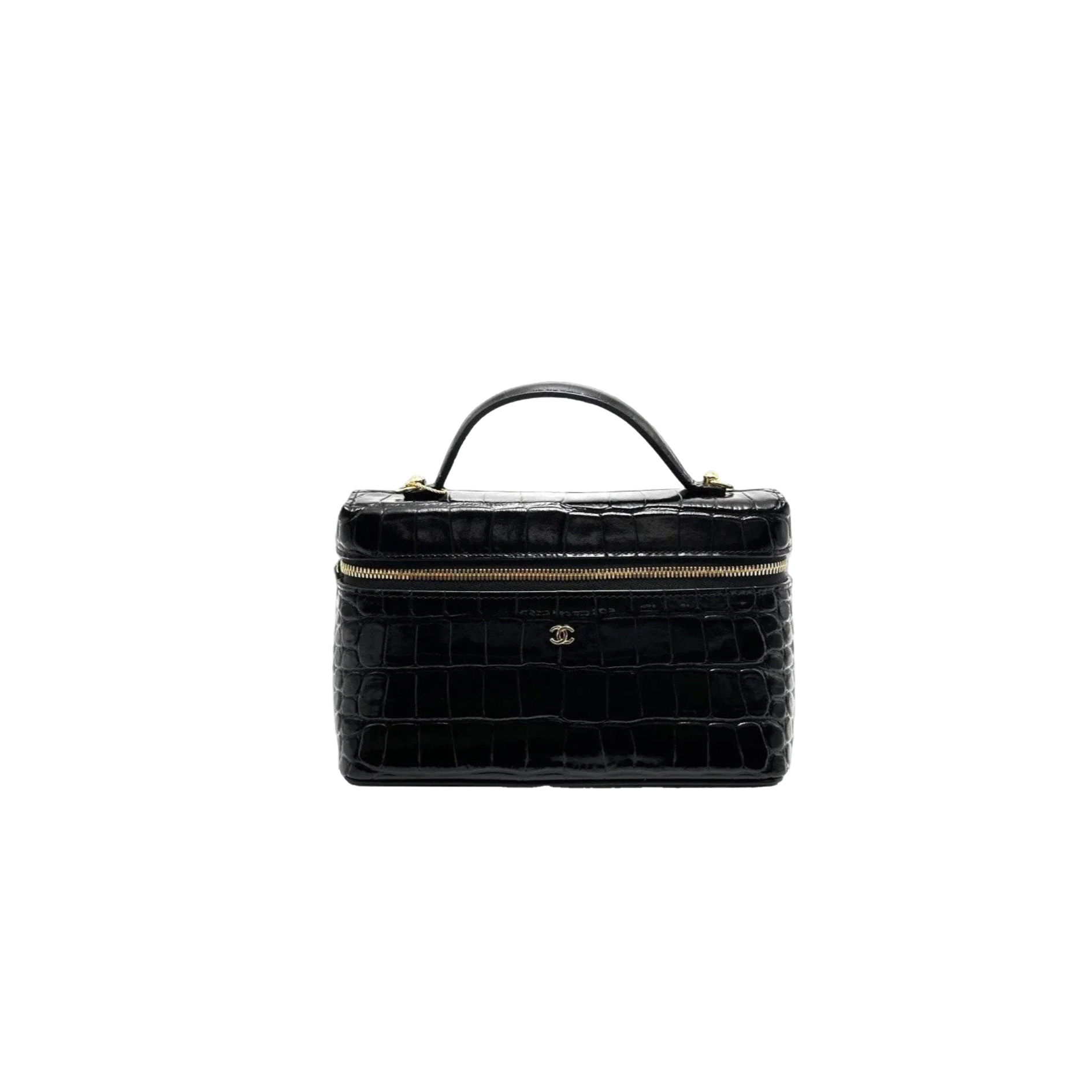 CHANEL Vanity Bag Calfskin Crocodile Embossed Black