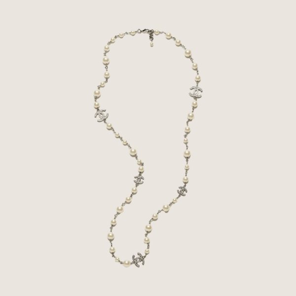 CHANEL Necklace Metal, Glass & Strass  Silver & Pearly White