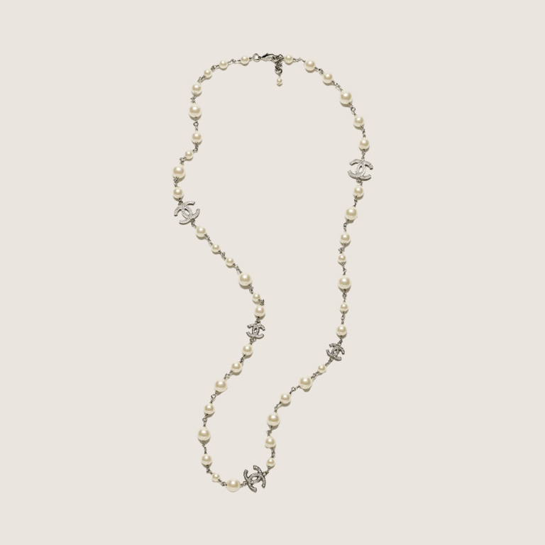 CHANEL Necklace Metal, Glass & Strass  Silver & Pearly White