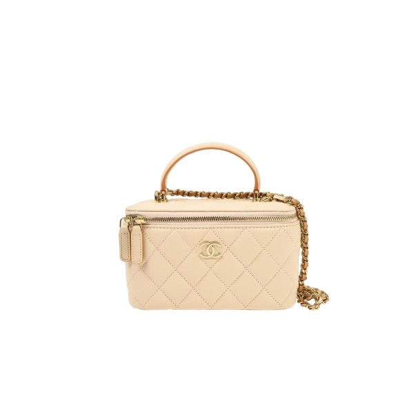 CHANEL Lambskin Quilted Small Top Handle Vanity Case With Chain Ecru Dark Beige