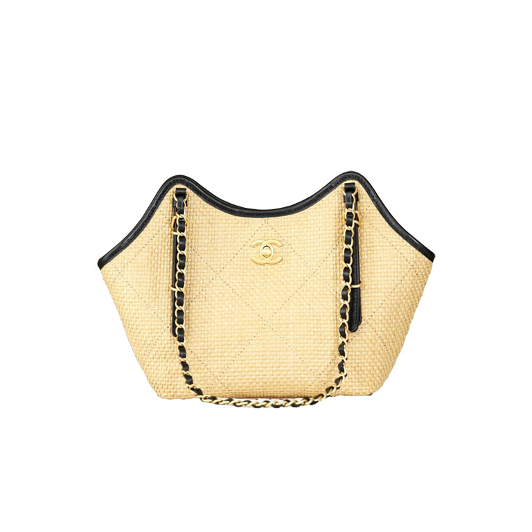 CHANEL MINI Coco Shopping Bag Raffia and Black Calfskin
