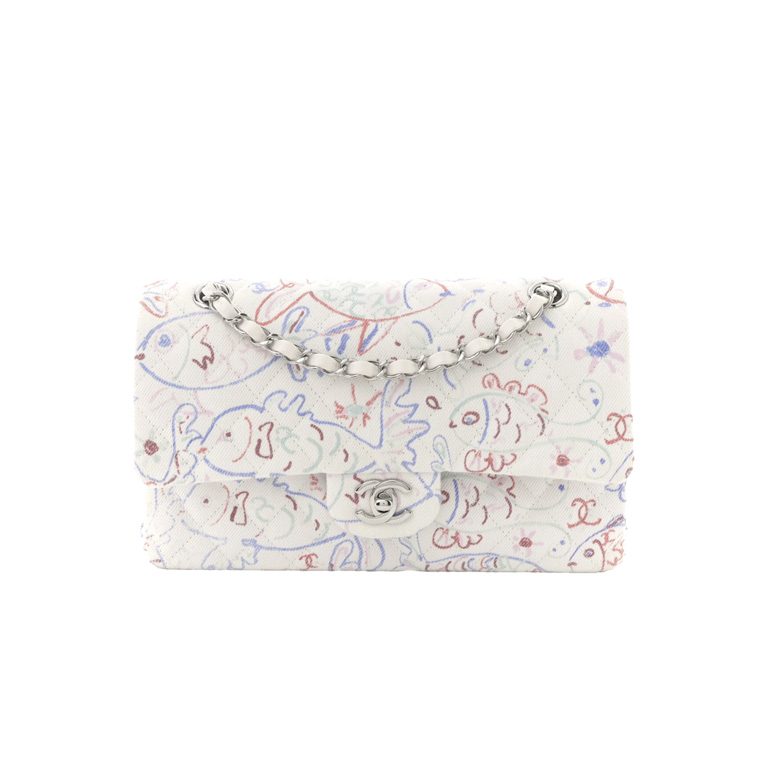 CHANEL Denim Printed Fish Quilted Medium Double Flap