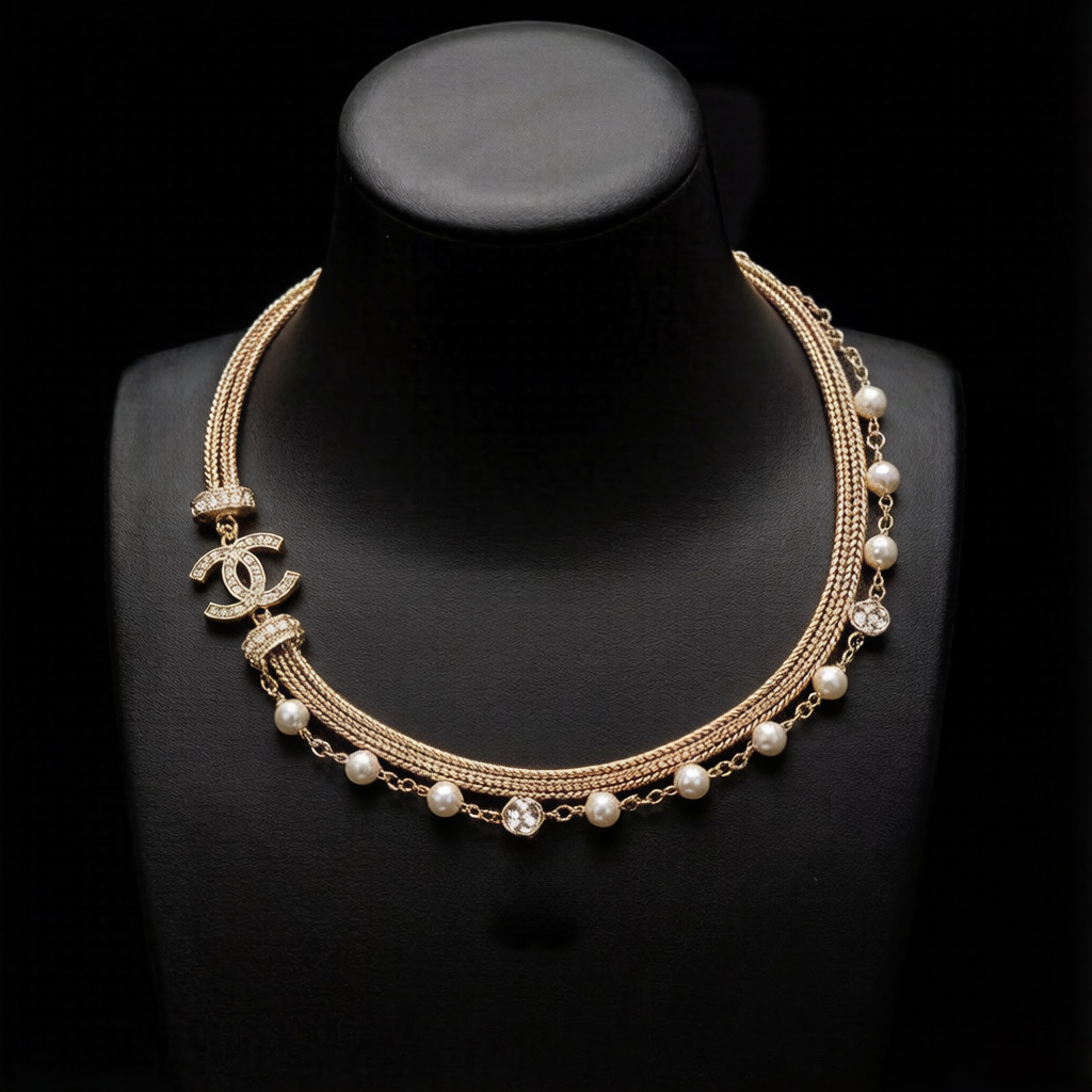 CHANEL Crystal, Imitation Pearl and Gold Metal Double Strand Choker - image 7