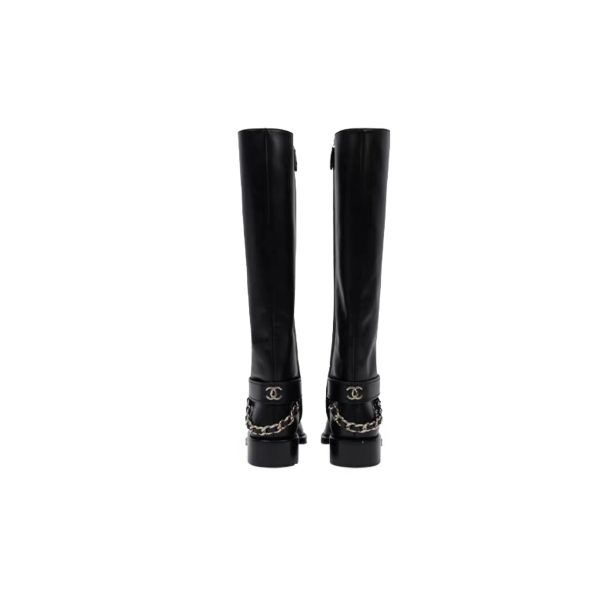 CHANEL riding boots with CC and chain at back