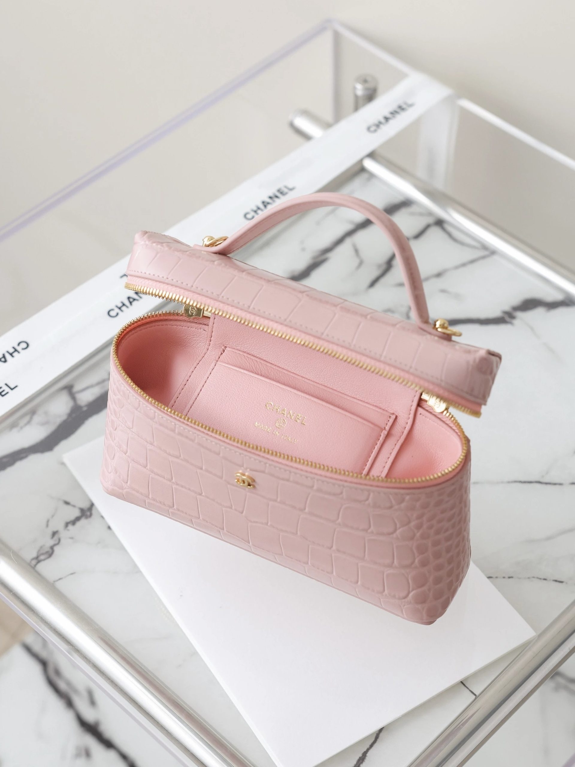 CHANEL Vanity Bag Calfskin Crocodile Embossed Pink - image 7