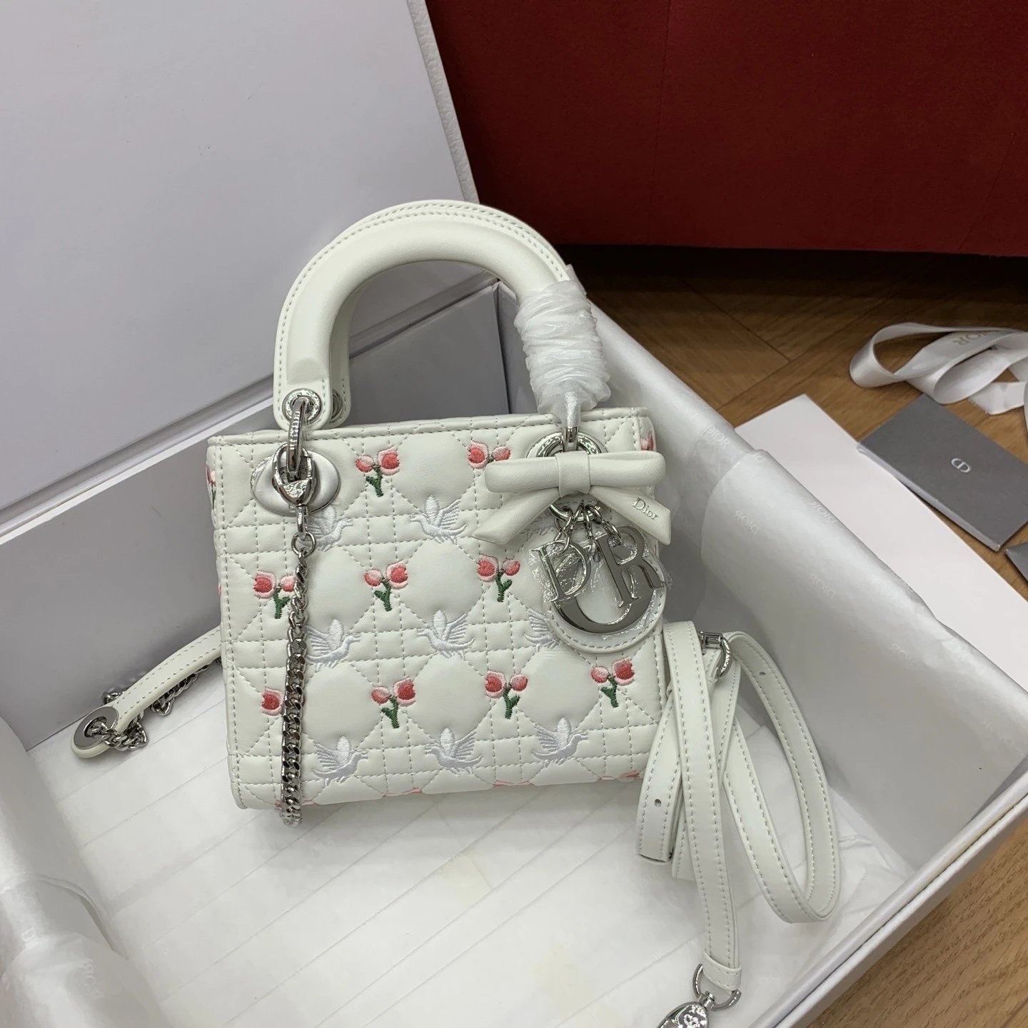 Dioramour Mini Lady Dior Bag with Chain White Cannage Lambskin Embroidered with Multicolor Doves & Roses Motif - image 2