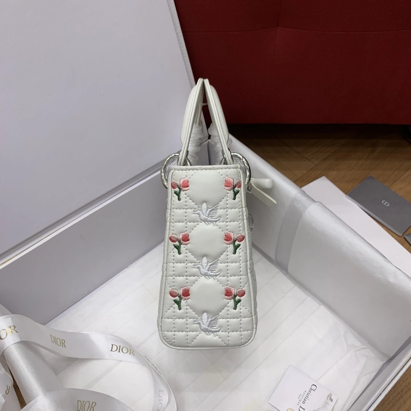 Dioramour Mini Lady Dior Bag with Chain White Cannage Lambskin Embroidered with Multicolor Doves & Roses Motif - image 4