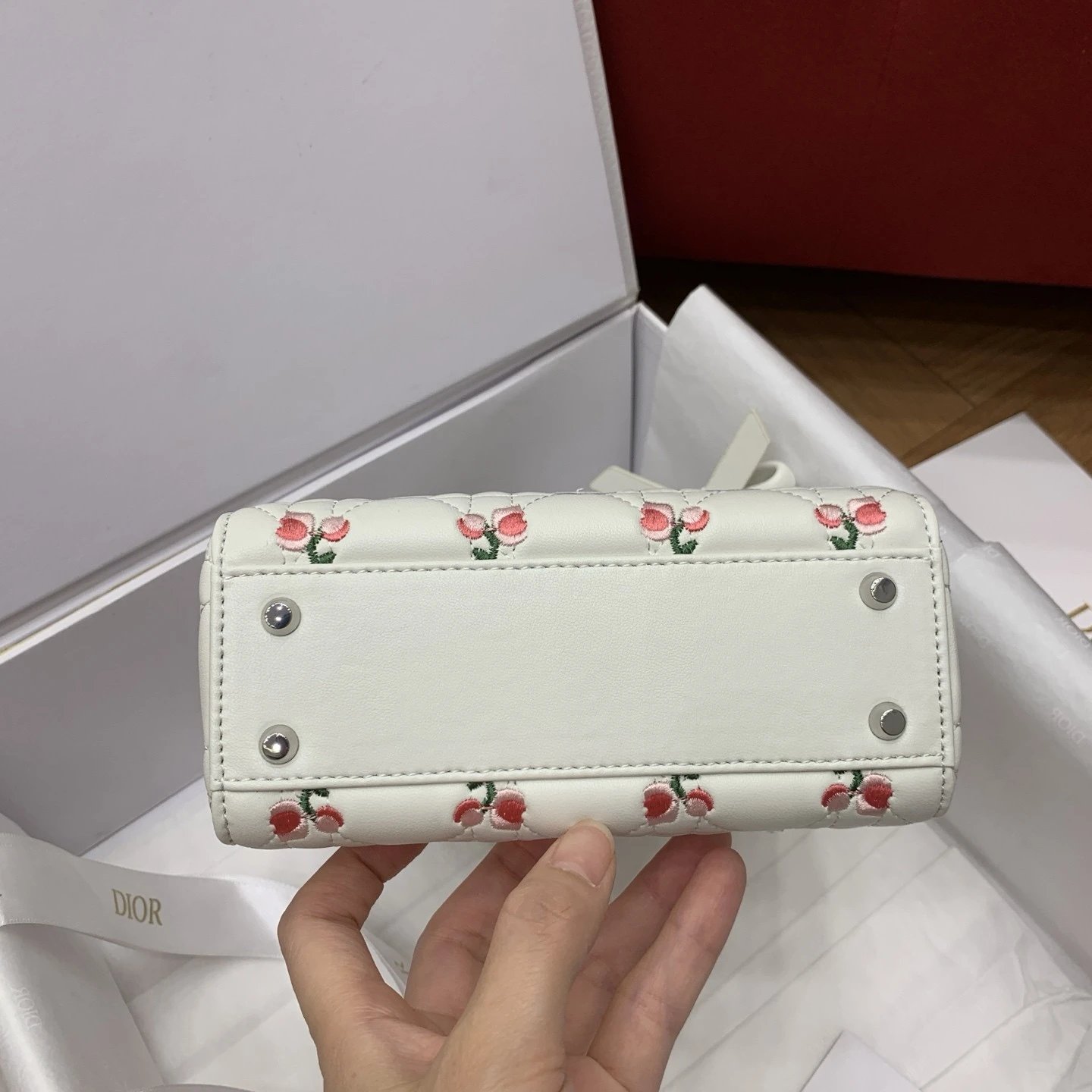 Dioramour Mini Lady Dior Bag with Chain White Cannage Lambskin Embroidered with Multicolor Doves & Roses Motif - image 5