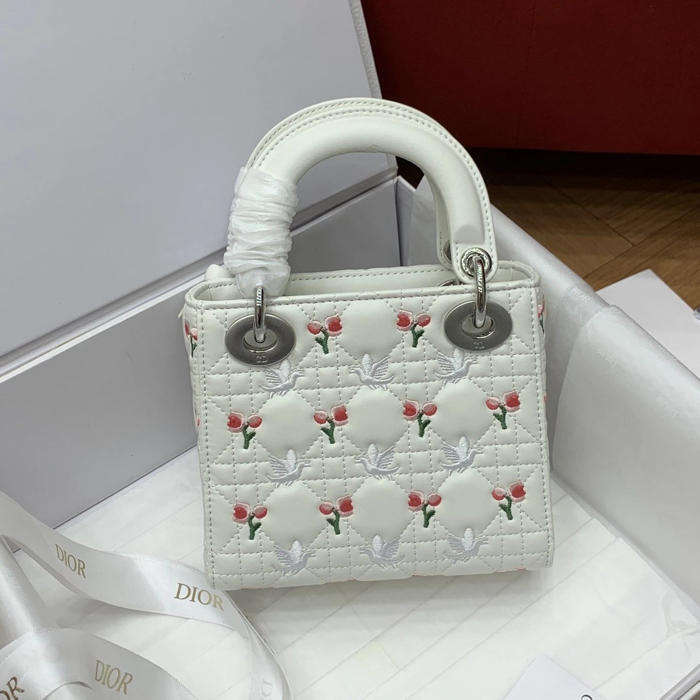 Dioramour Mini Lady Dior Bag with Chain White Cannage Lambskin Embroidered with Multicolor Doves & Roses Motif - image 3