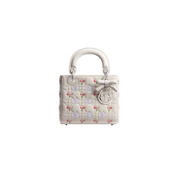 Dioramour Mini Lady Dior Bag with Chain White Cannage Lambskin Embroidered with Multicolor Doves & Roses Motif