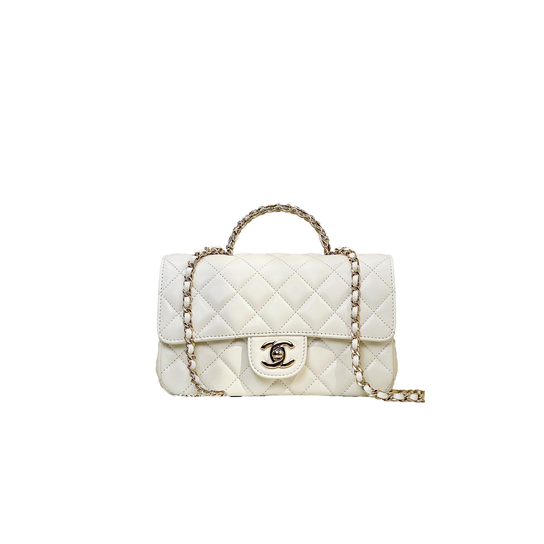 CHANEL Quilted Lambskin Top Handle Mini Flap Bag Gold Hardware,