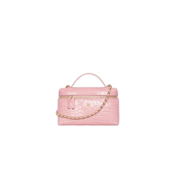 CHANEL Vanity Bag Calfskin Crocodile Embossed Pink