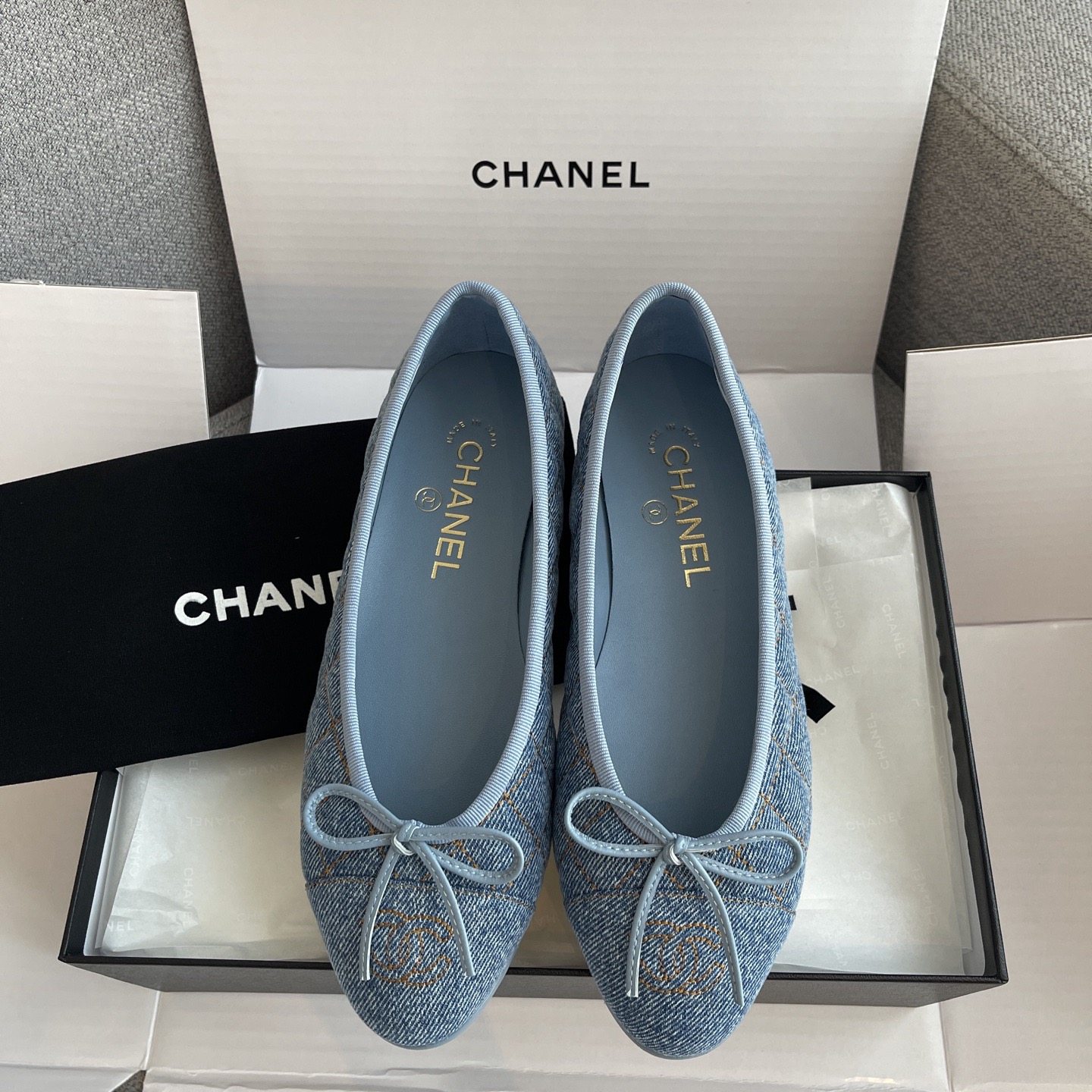 CHANEL Washed Denim Quilted Cap Toe CC Ballerina Flat - image 2