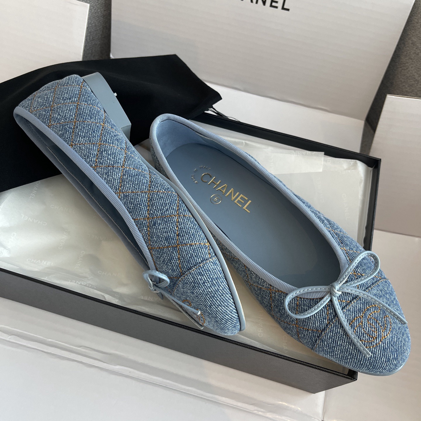 CHANEL Washed Denim Quilted Cap Toe CC Ballerina Flat - image 4