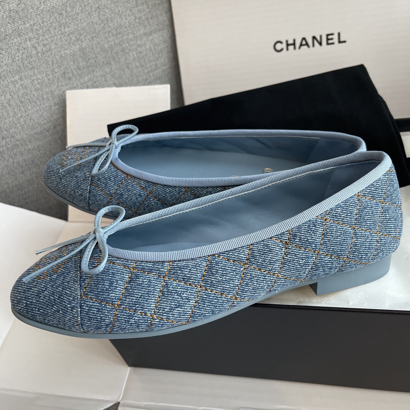 CHANEL Washed Denim Quilted Cap Toe CC Ballerina Flat - image 3