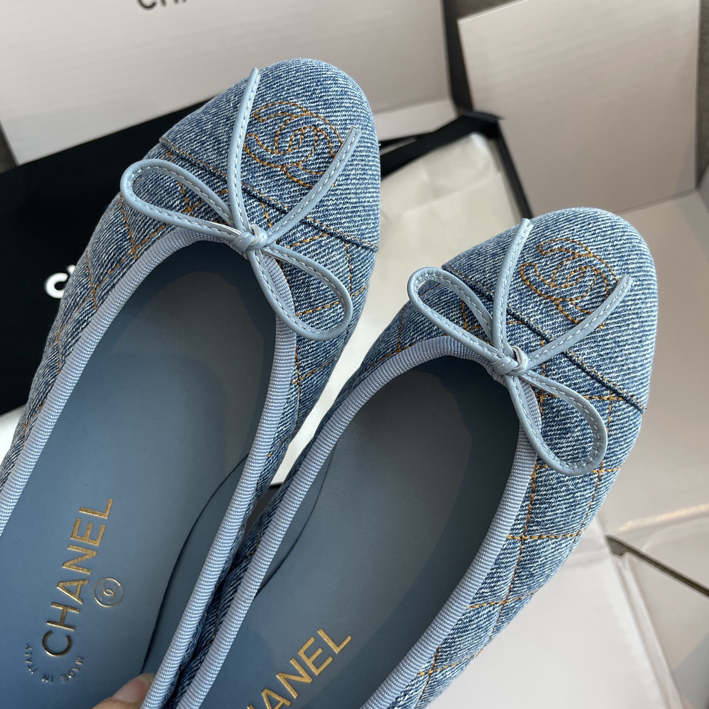 CHANEL Washed Denim Quilted Cap Toe CC Ballerina Flat - image 7