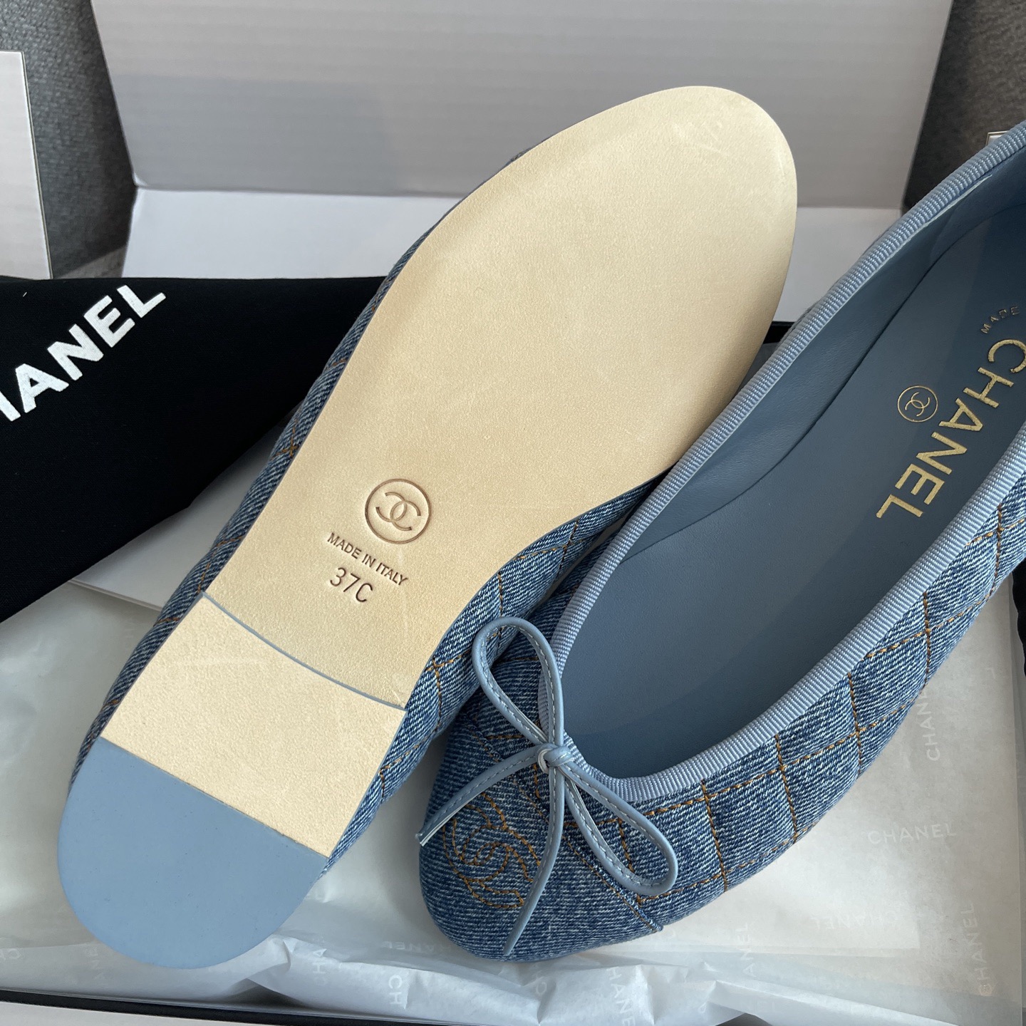 CHANEL Washed Denim Quilted Cap Toe CC Ballerina Flat - image 5