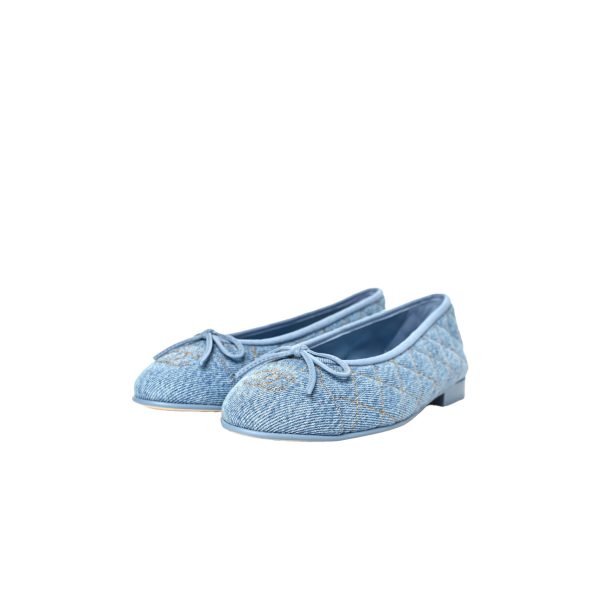 CHANEL Washed Denim Quilted Cap Toe CC Ballerina Flat